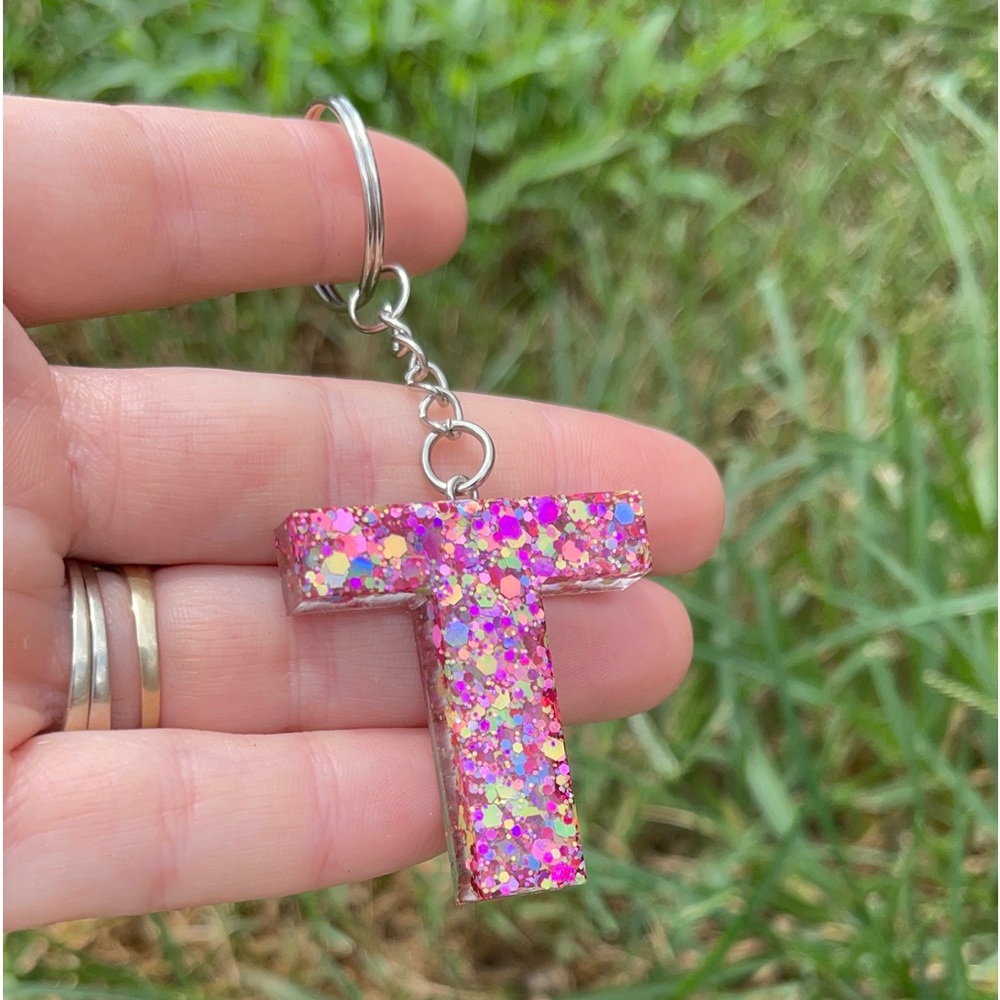 Confetti Cannon Pink Letter T Initial Keychain Handmade With Resin
